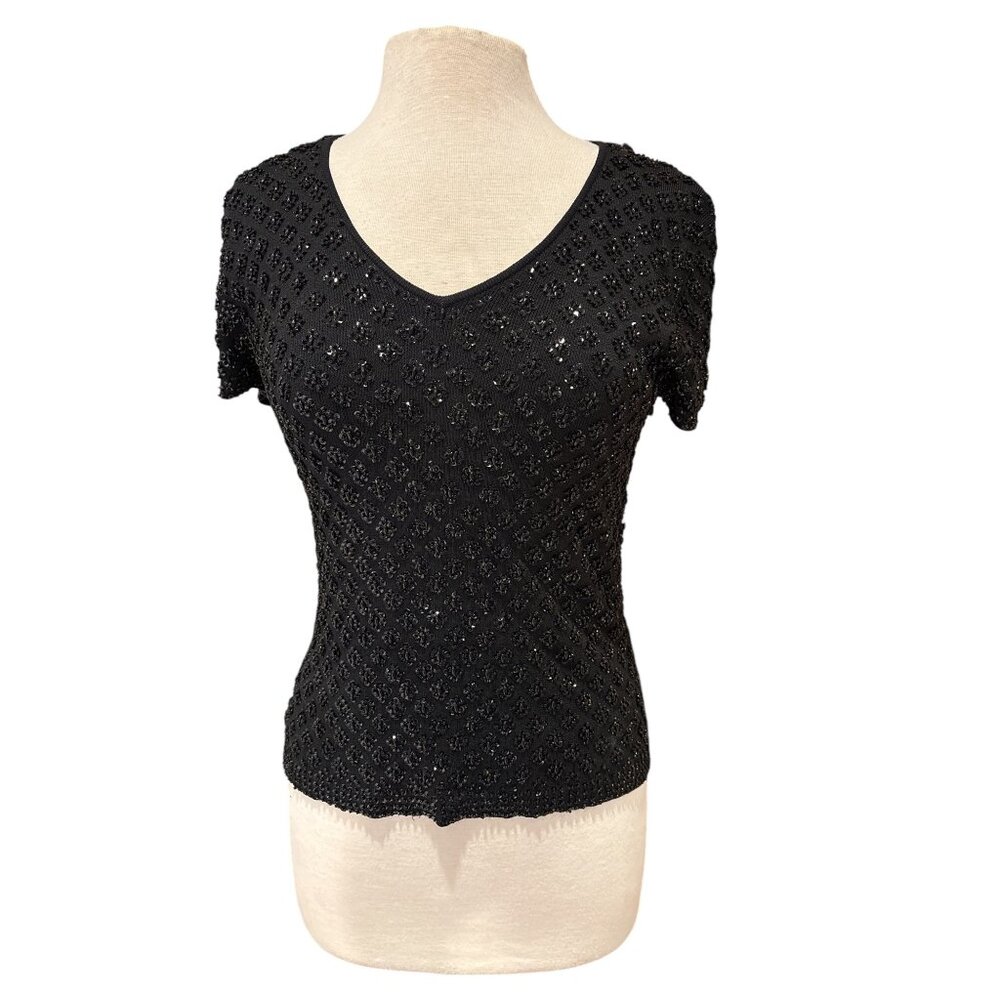 Ann Taylor Black Beaded Silk Knit Top Short Sleeve Womens Medium